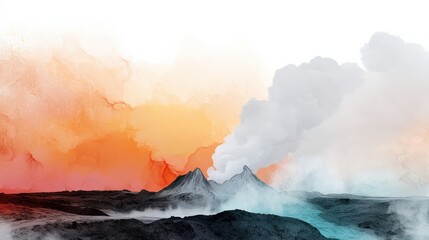 Obraz premium The painting depicts a volcanic eruption with smoke and orange and blue colors