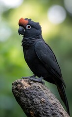 Obraz premium Red-crested black cockatoo perched on branch, jungle background, wildlife photography