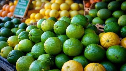 Fresh vibrant green citrus fruits at market stall