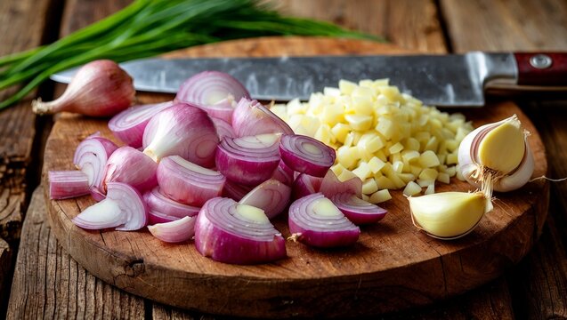 Freshly chopped shallots and garlic on wooden board
