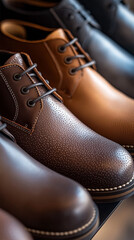 Elegant close-up displaying arranged various styles and colors of men's leather shoes