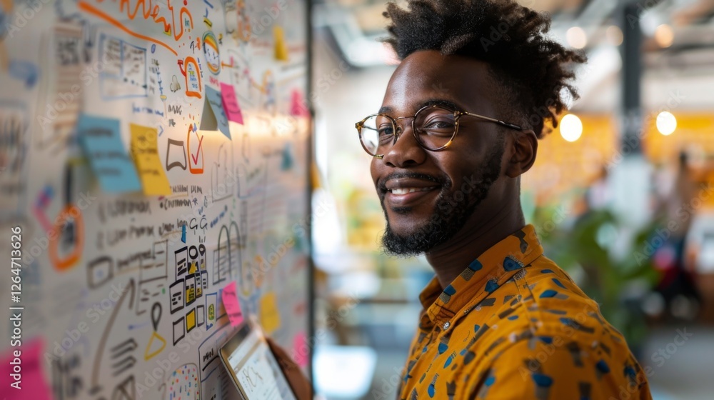Poster A person with glasses smiles while interacting with a wall covered in colorful sticky notes and sketches in a vibrant office filled with creative energy.