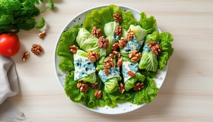Fresh iceberg lettuce salad with blue cheese and walnut topping with copy space for healthy eating concepts and recipe design