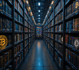 Obraz premium A library of the future, with shelves lined with books about Bitcoin and digital currencies, featuring holographic book covers.