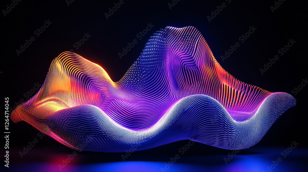 Poster dynamic wave form illuminated with vibrant colors creating a surreal abstract design in a dark setti