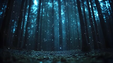 Enchanted Dark Blue Forest at Night with Twinkling Lights