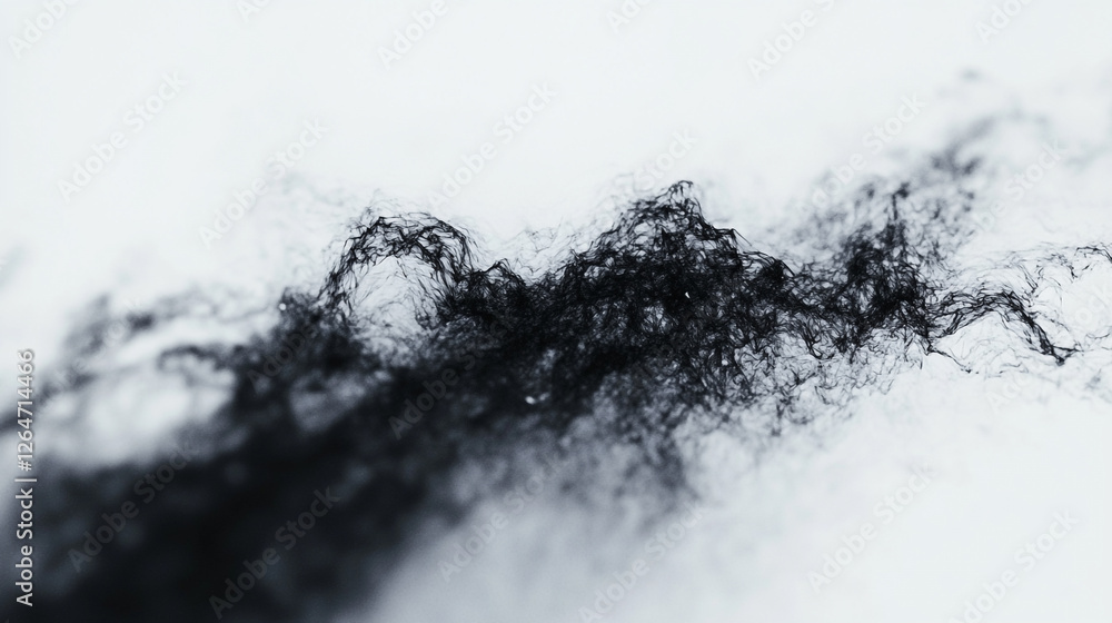 Poster swirling black strands create an abstract dance of texture and movement against a white backdrop