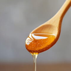 Golden Sweetness: A wooden spoon holds glistening honey, showcasing the natural beauty and rich texture of this golden nectar in this close-up shot.