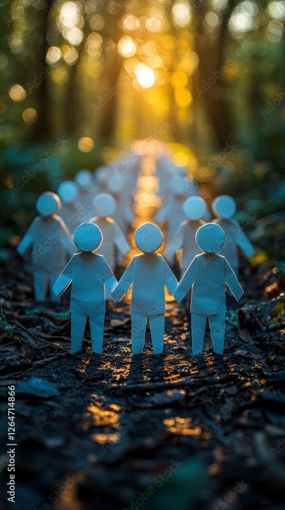 Poster a line of paper figures holding hands in a serene forest path illuminated by soft sunlight, represen