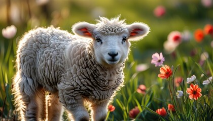 Fototapeta premium Realistic lamb with colorful flowers in meadow for farm and nature themes
