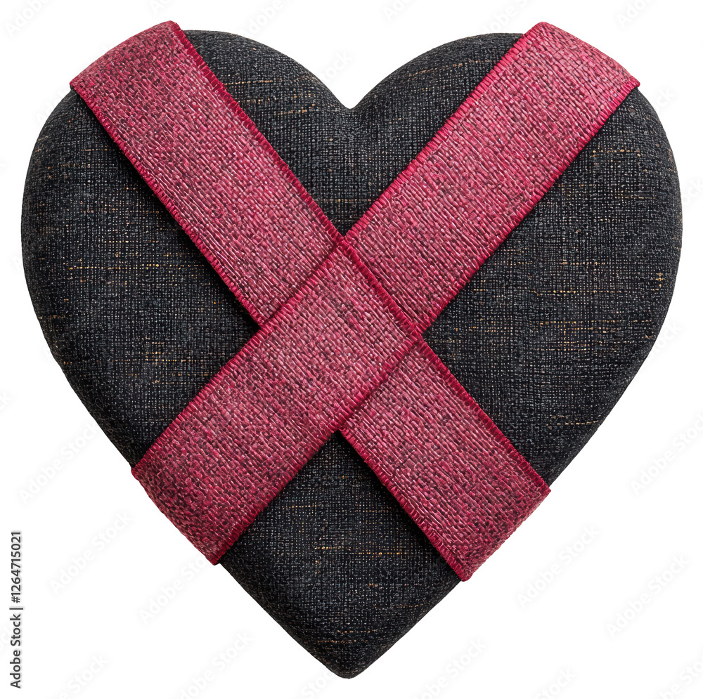 Poster heart shaped box covered in dark textured material with red sparkling ribbon on transparent