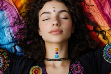 Obraz premium Young woman embracing yoga traditions with a serene expression, promoting mindfulness and mental health, Generative AI