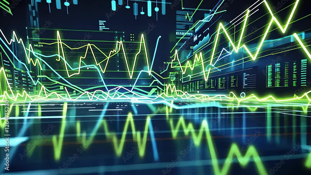 Poster dynamic stock market chart with glowing green and yellow graph lines showing financial data and mark