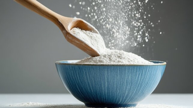 Rustic wooden scoop pouring white flour into blue bowl with copy space for baking and cooking design