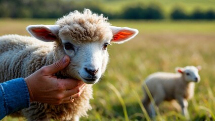 Obraz premium Gentle hand petting fluffy lamb on sunny day