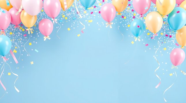 party balloons and ribbon for celebration background on blue with free space for text and design, poster banner design background 