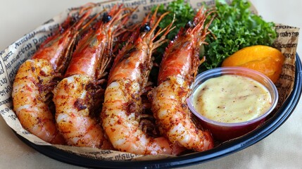 Deliciously prepared shrimp served with dipping sauces and garnished with greens