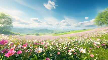 Fototapeta premium Spring Flowers Blooming In Countryside Landscape With Green Hills