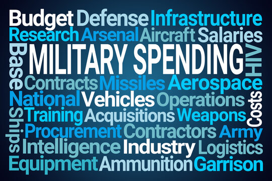 Military Defense Spending Word Cloud on Blue Background