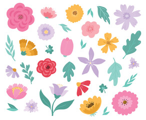 Floral elements colorful collection of hand drawn flowers and leaves isolated on white background for stickers, prints, cards, posters, planners, stationery decor, etc. EPS 10