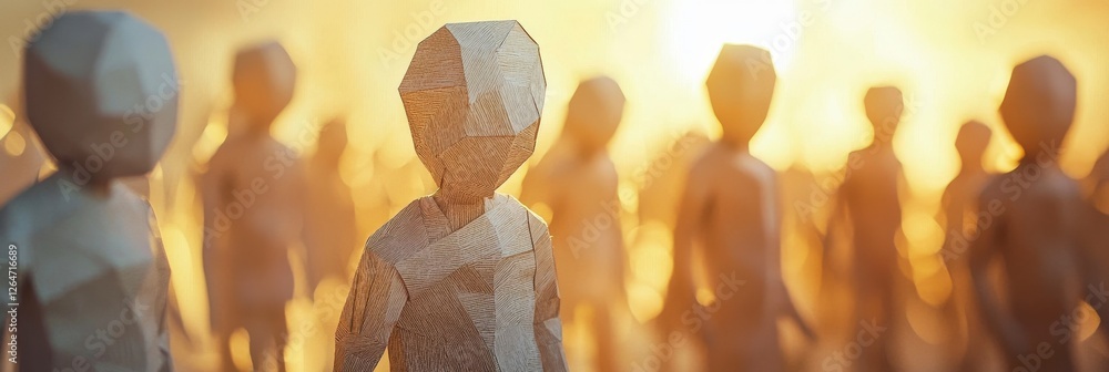 Poster an abstract yet captivating image of geometric figures at sunset, representing individuality and com