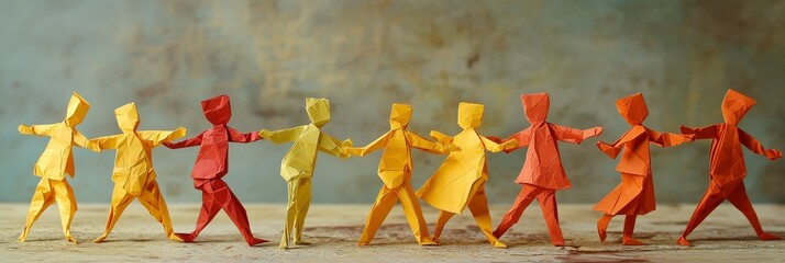 A stunning arrangement of vibrant origami figures forming a circle, symbolizing unity, community, and diversity, depicted in a warm palette against a textured backdrop.