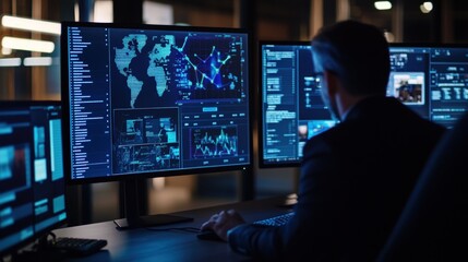 Man analyzing global data on monitors in dark office