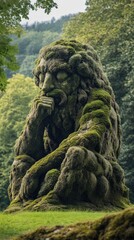 Ancient moss-covered sculpture lost in contemplative silence amid nature
