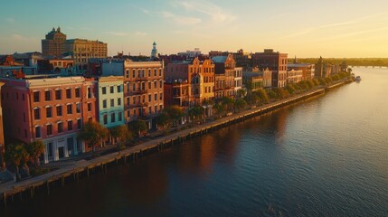 Obraz premium Aerial view of colorful historic buildings along a serene river at sunset