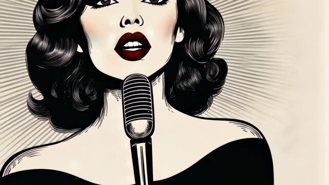 Vintage Glamour Singer in Black and White Art Deco Style Holding Microphone with Red Lips and Curled Hair Radiating Elegance and Retro Charm Perfect for Music and Entertainment Themes