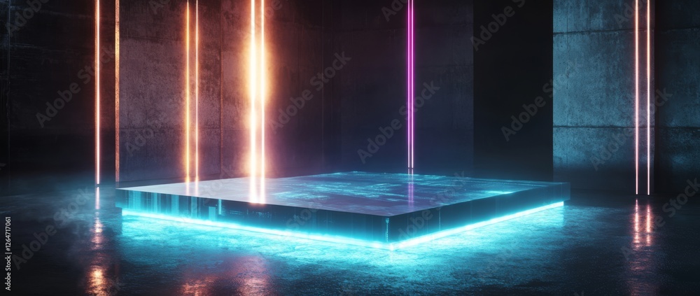 Poster glowing blue platform in a futuristic environment with cyberpunk elements and high-tech data visuali