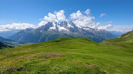 Fototapeta premium Alpine Meadow Landscape with Snow Capped Mountain Peak