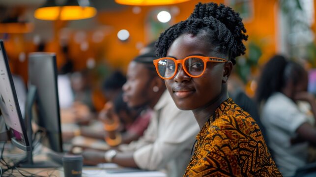 A woman wearing stylish orange glasses smiles confidently while working in a lively co working space filled with focused individuals at their computers.
