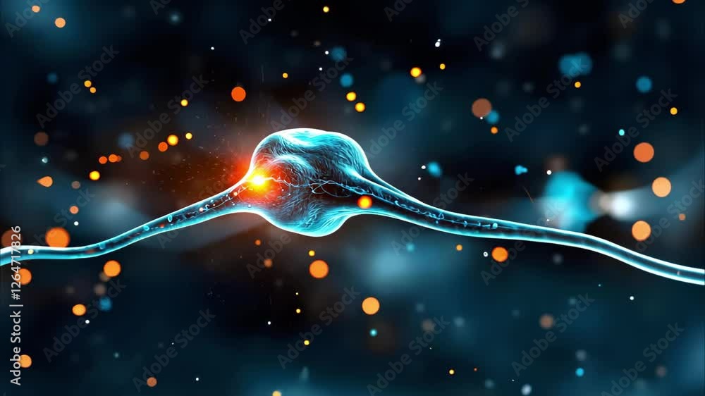 Poster a digital illustration of a neuron with synaptic connections, depicting neural activity with glowing