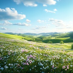 Countryside Landscape With Spring Flowers Rolling Hills And Clear Skies
