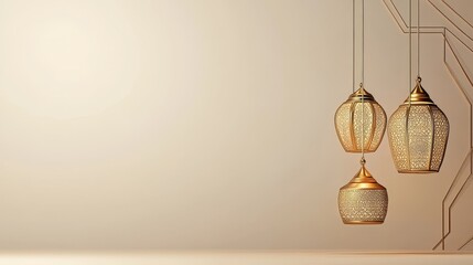 3d render hanging golden lantern and moon in beige background, Eid Mubarak and Ramadan Kareem greetings in Islamic, Copy space 