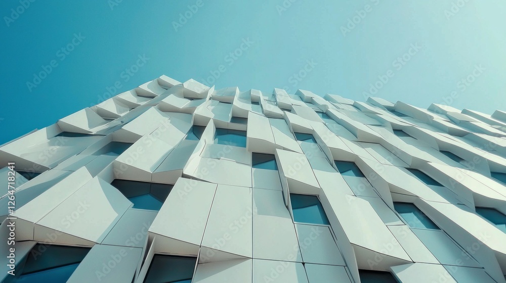 Poster a striking factory building features a unique geometric facade, emphasizing creativity and modernity
