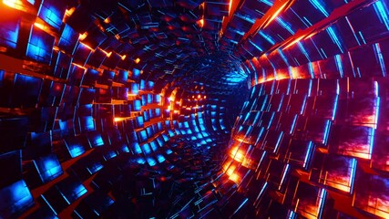 Flying through a tunnel of blue and orange metal cubes. Infinitely looped animation. - Powered by Adobe
