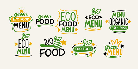 Fototapeta premium An isolated image in the background. Vector graphics. Illustration of a healthy diet. Different food labels. Trendy graphics.