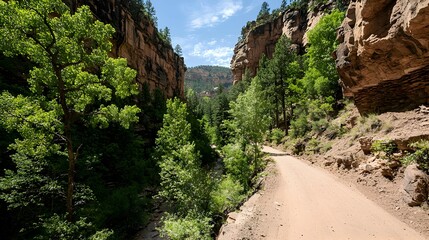 Obraz premium Dirt Trail Through Lush Green Canyon With Rock Walls And Blue Sky