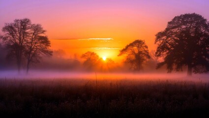 Fototapeta premium Golden sunset over foggy field with silhouetted trees