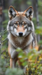 Fototapeta premium Majestic wolf walking through vibrant autumn forest in the afternoon