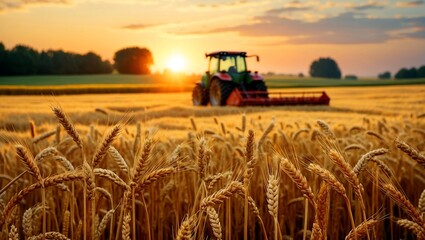 Naklejka premium Golden wheat field at sunset with tractor