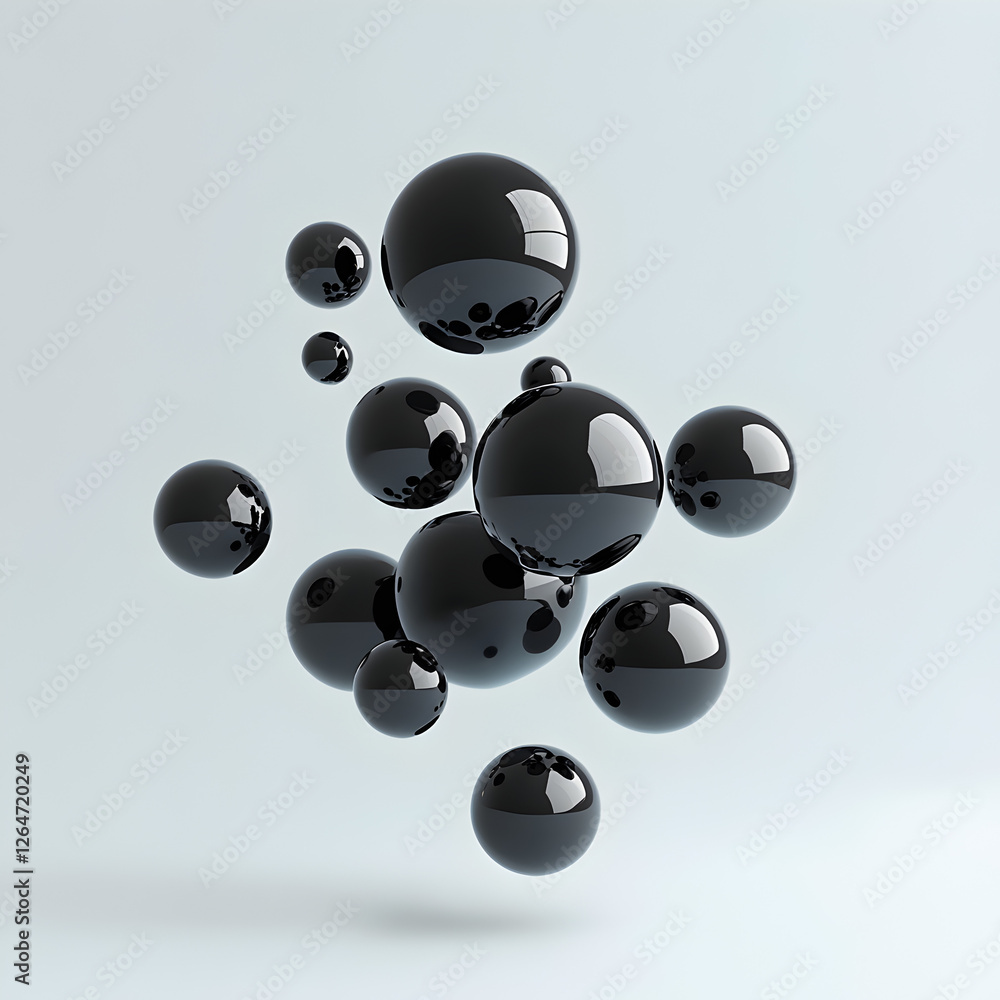 Poster abstract cluster of spheres: a captivating visual of black spheres, artfully arranged to float weigh