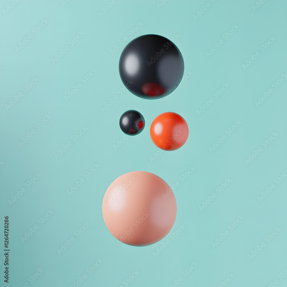 Poster orbital spheres: a collection of precisely rendered spheres floats against a serene backdrop, explor