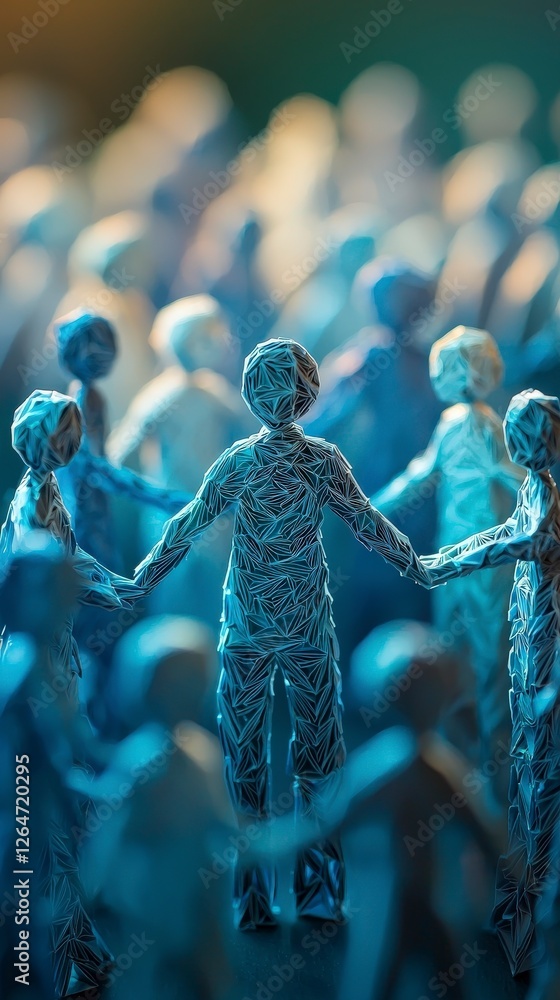 Poster an artistic representation of intricately twisted paper figures holding hands, creating a sense of c