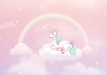 A whimsica pastel rainbow unicorn background shines with sparkling stars against a soft, pink fantasy sky. Fairy iridescent gradient backdrop. unicorn resting on a fluffy cloud with a vibrant rainbow
