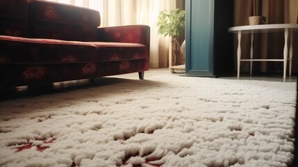 close up of sofa with beige carpet rug home interior background
