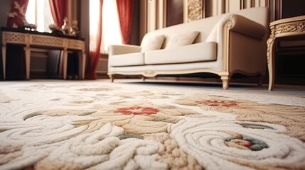 close up of sofa with beige carpet rug home interior background