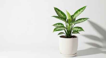 Potted Plant with Silver Stripes in White Pot on White Background
